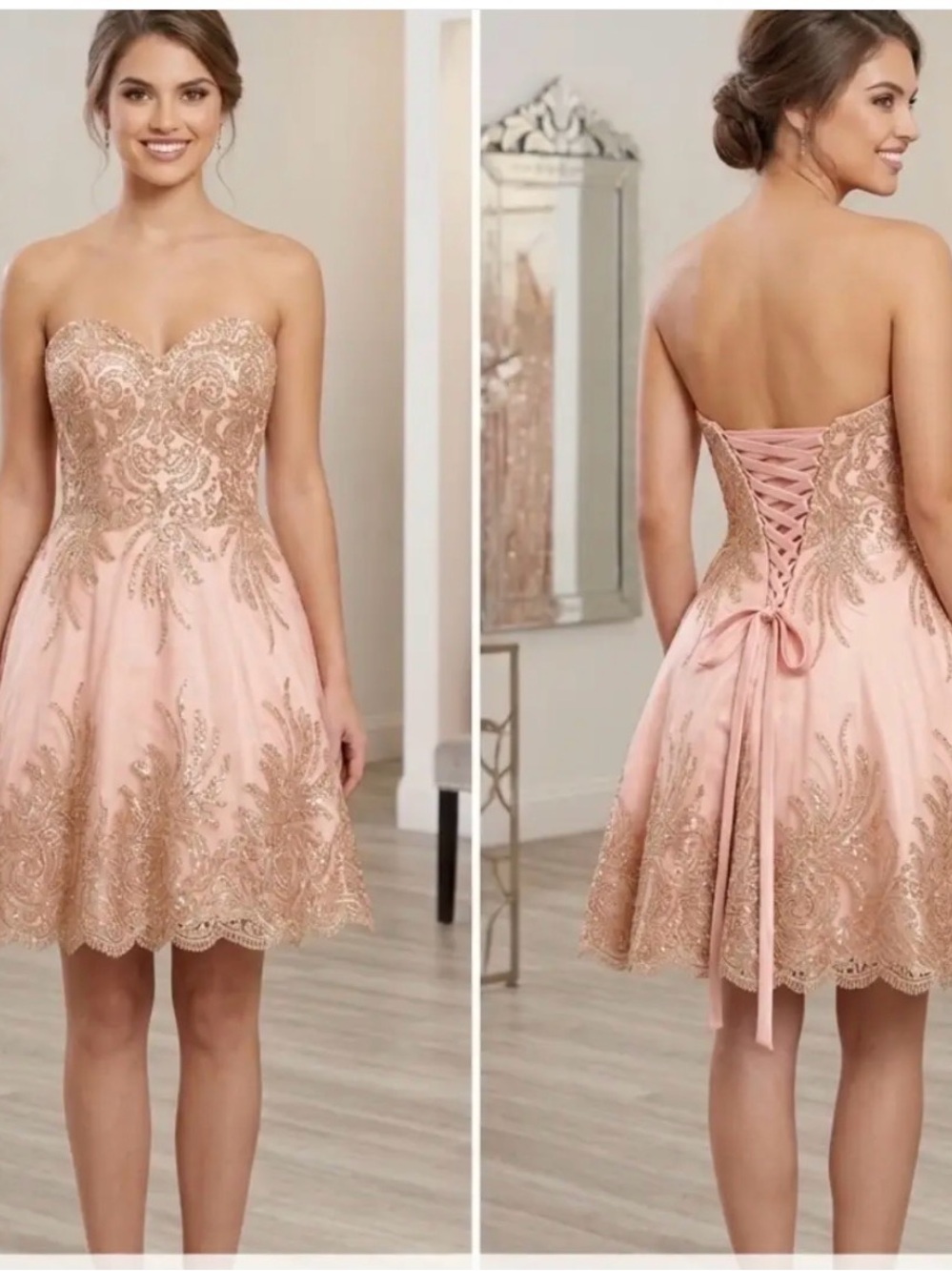 Que Strapless Blush Pink Dress with Gold Lace Appliqué